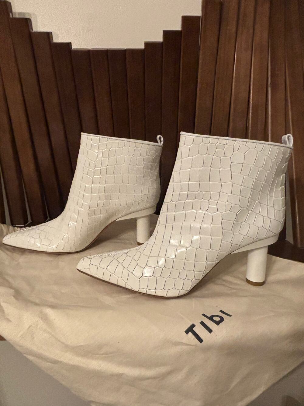 Tibi White Croc Embossed Leather Pointed Toe Ankle Boots